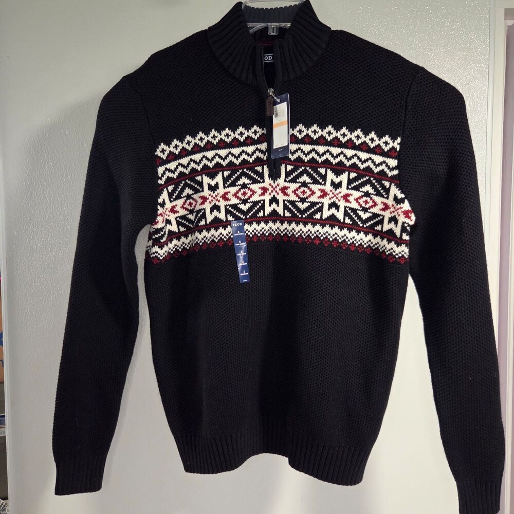 Izod New With Tags Men's Sweater Thick Holiday Fair Geometric Black sz S Quarter